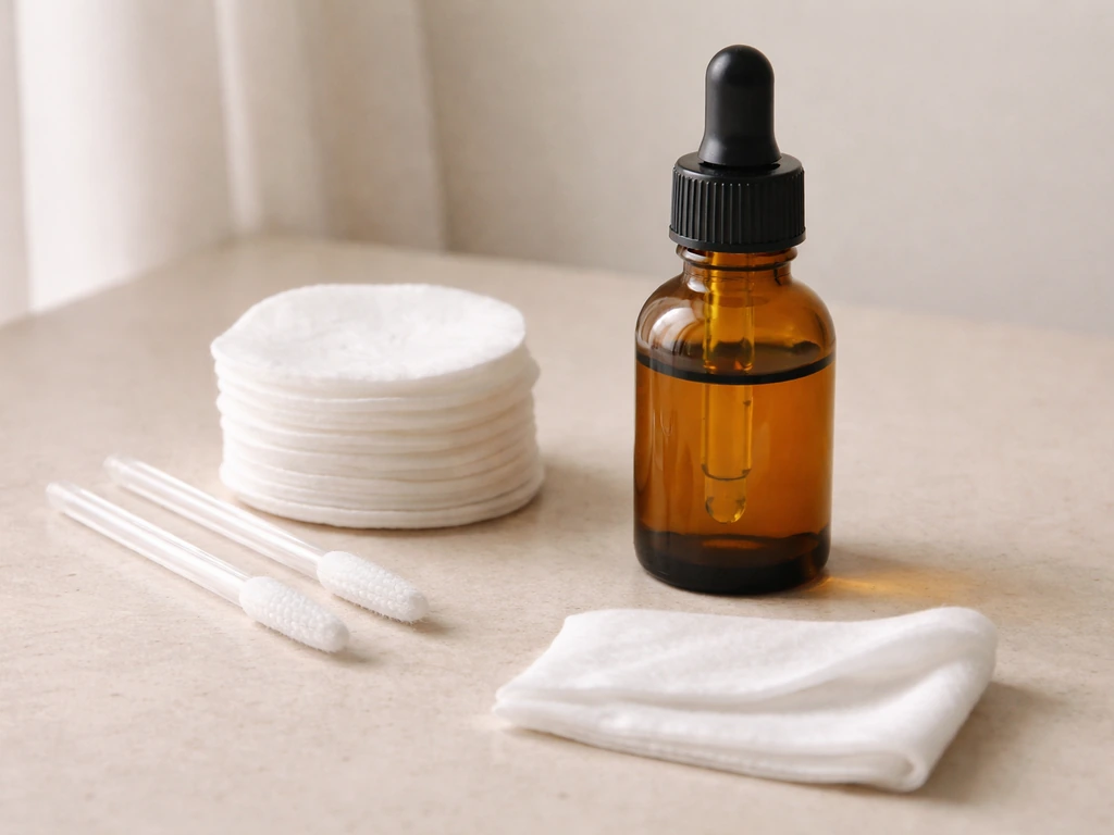 Amber castor oil bottle next to clean cotton pads and disposable applicators as a safety barrier.