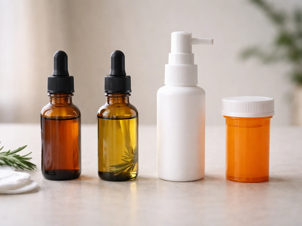 Minimal collage of castor oil and rosemary oil droppers alongside a topical bottle and a pharmacy prescription container