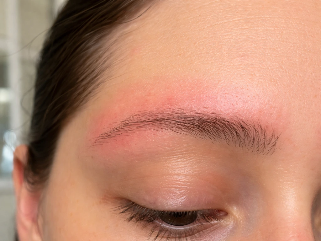 Close-up of irritated eyebrow after a burn with mild redness and faint regrowth hair edges.