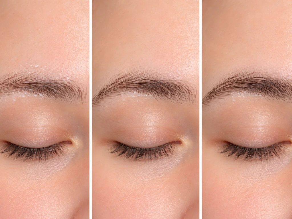 Minimal three-step sequence showing eyebrow hair regrowth timeline after a burn, from bare to fuller.