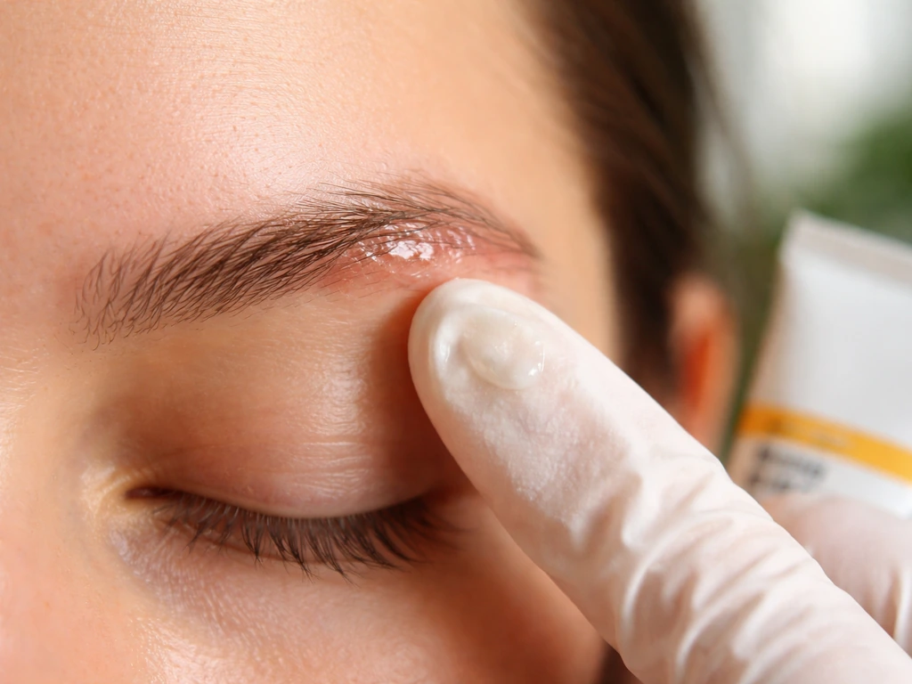 Gloved finger applies a thin layer of petroleum jelly to a healing eyebrow area, with SPF nearby.