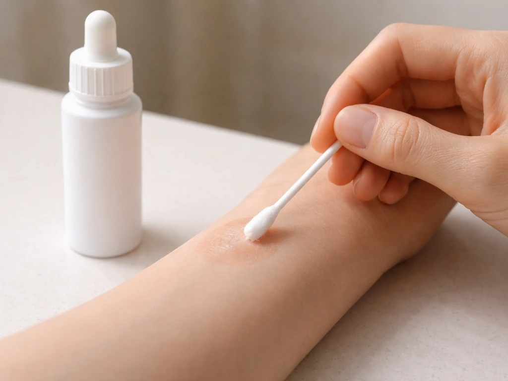 Topical minoxidil bottle and cotton swab applying to a healed skin patch on a clean vanity
