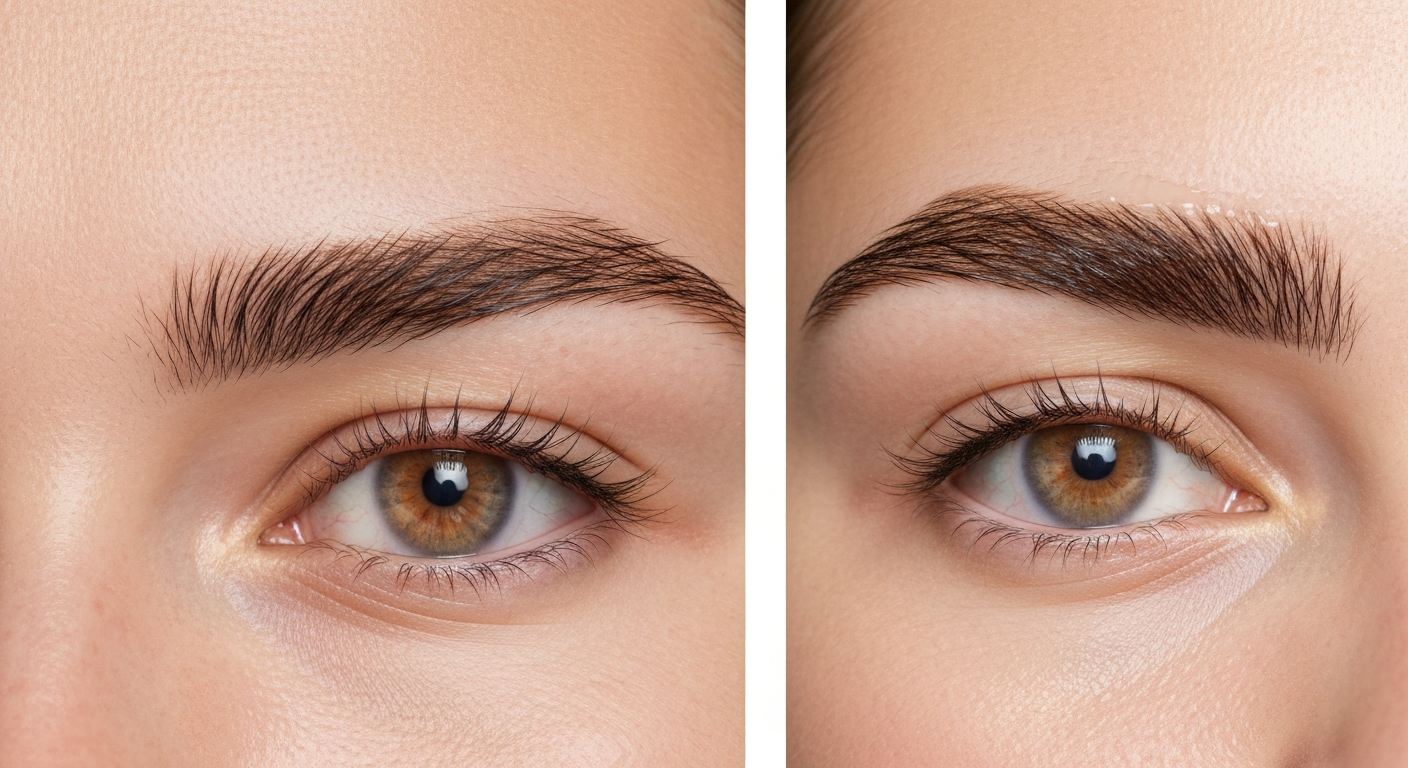 Split close-up of one eyebrow before (hairs growing downward) and after (trimmed and styled upward).