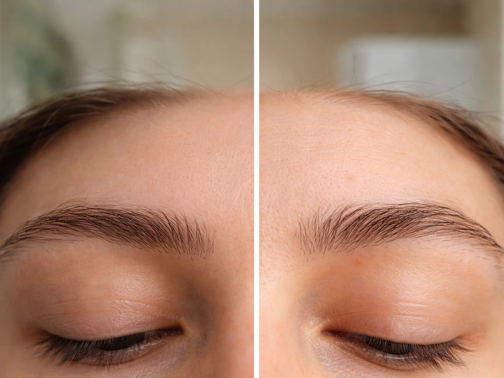 Close-up of two uneven eyebrows with slight regrowth texture showing mild and moderate timing differences