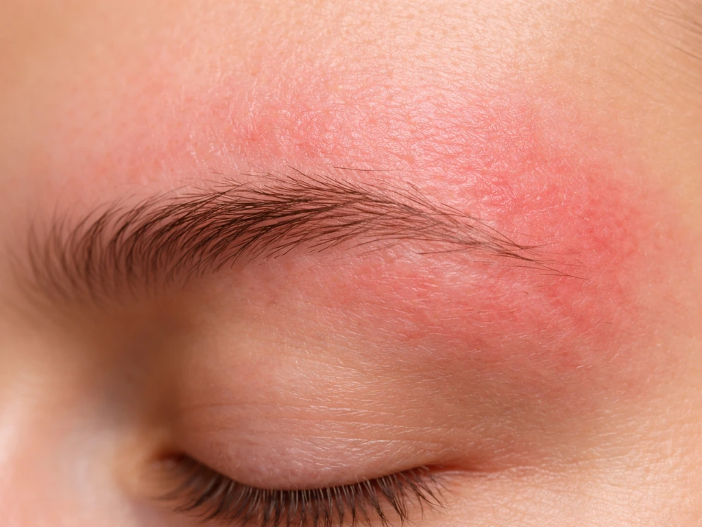 Extreme close-up of irritated eyebrow skin with diffuse redness and subtle rash-like texture.