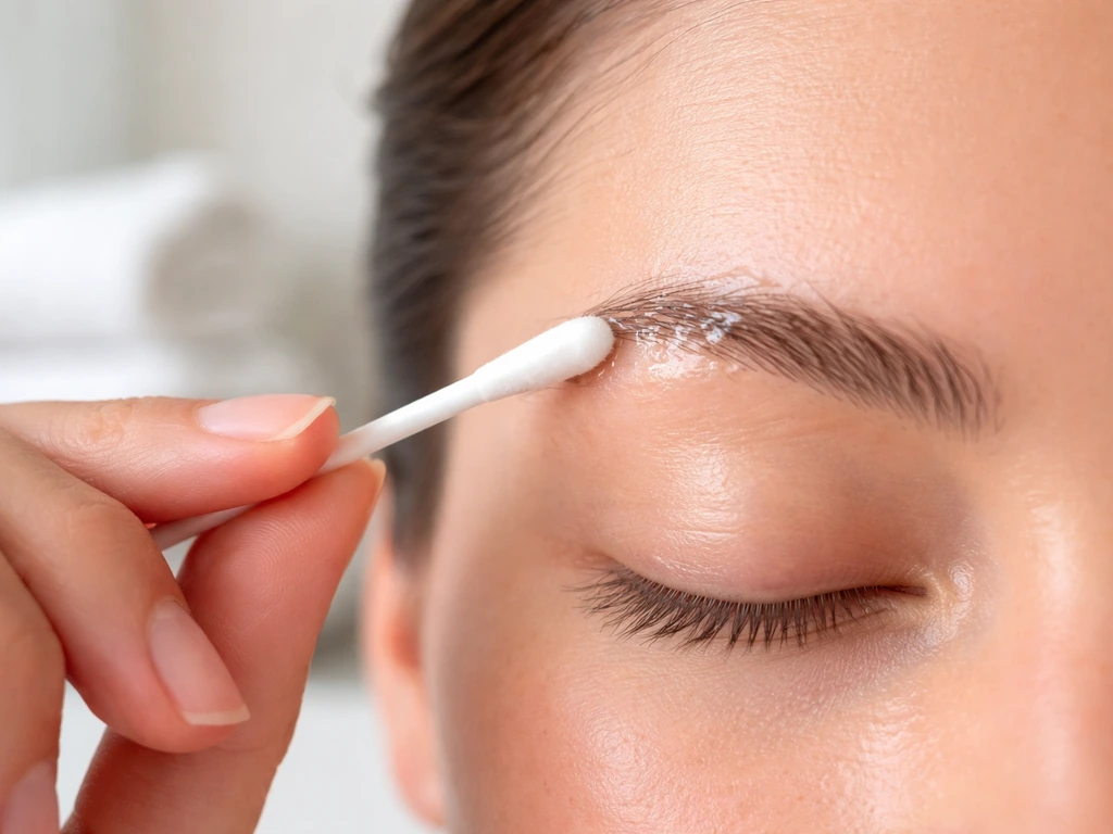 Person applying pure aloe vera gel with a cotton swab to the eyebrow area