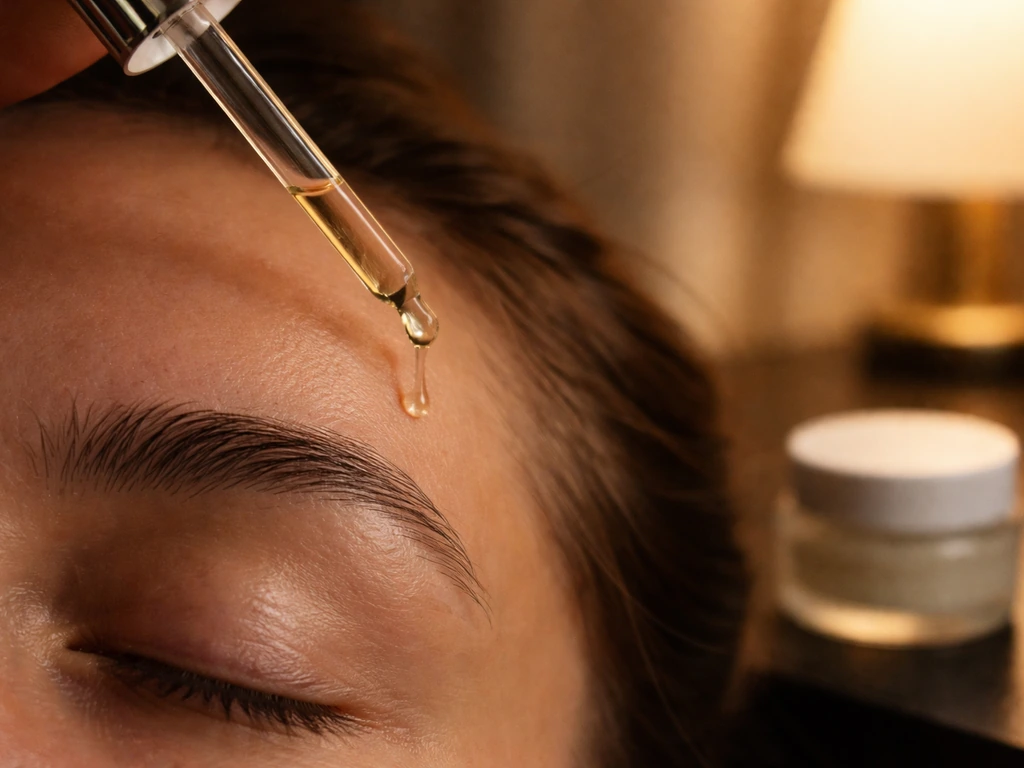 Close-up of eyebrow area at night with a dropper applying diluted oil beside a small skincare jar