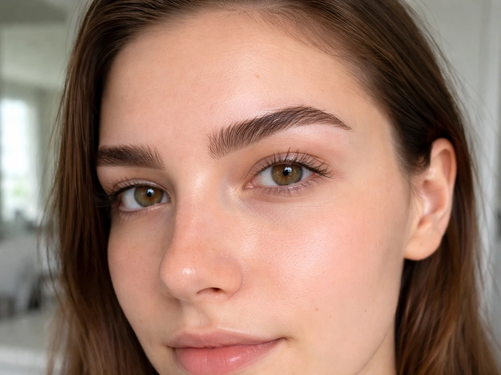 Close-up face with eyebrows in sharp focus, showing natural skin texture and detailed brow hairs.