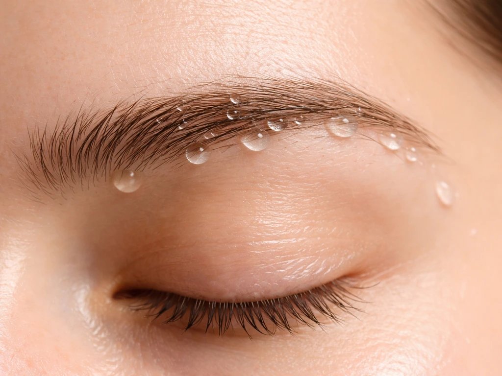 Side-profile closeup of eyebrows and eyelid with soft water beads suggesting sweat and water being diverted