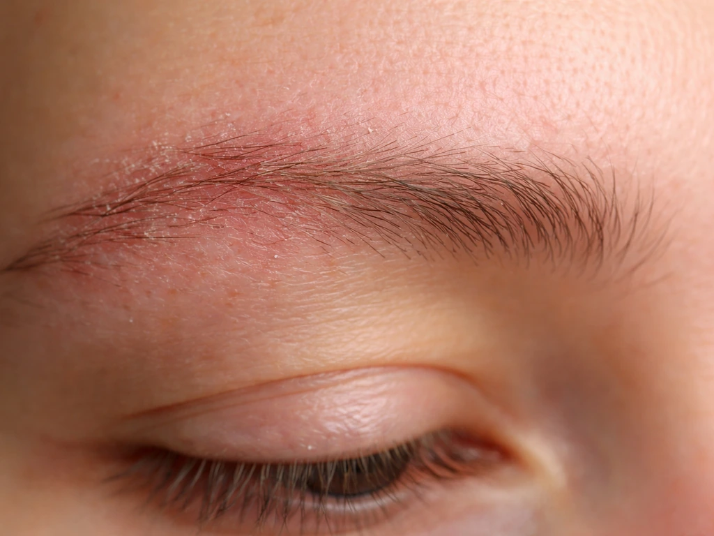 Closeup of irritated eyebrow skin with visible hair follicles, suggesting slowed regrowth causes like inflammation.