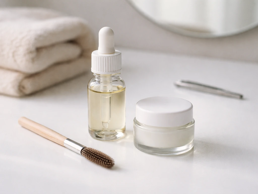 Brow-care tools and gentle cleanser on a bathroom counter, with tweezers placed away to show stopping overplucking.