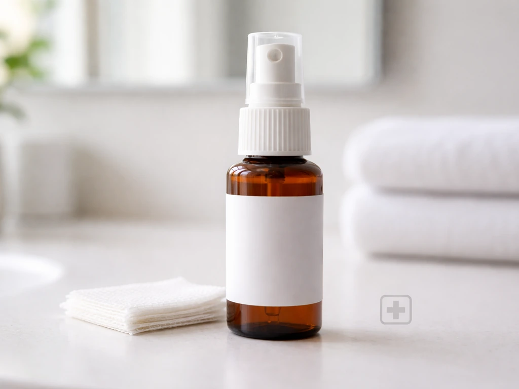 Topical minoxidil bottle on a bathroom counter with a subtle reminder icon, minimal and clinical.