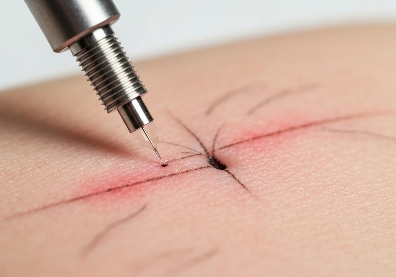 Close-up of microblading needles making tiny superficial cuts and depositing pigment under brow skin.
