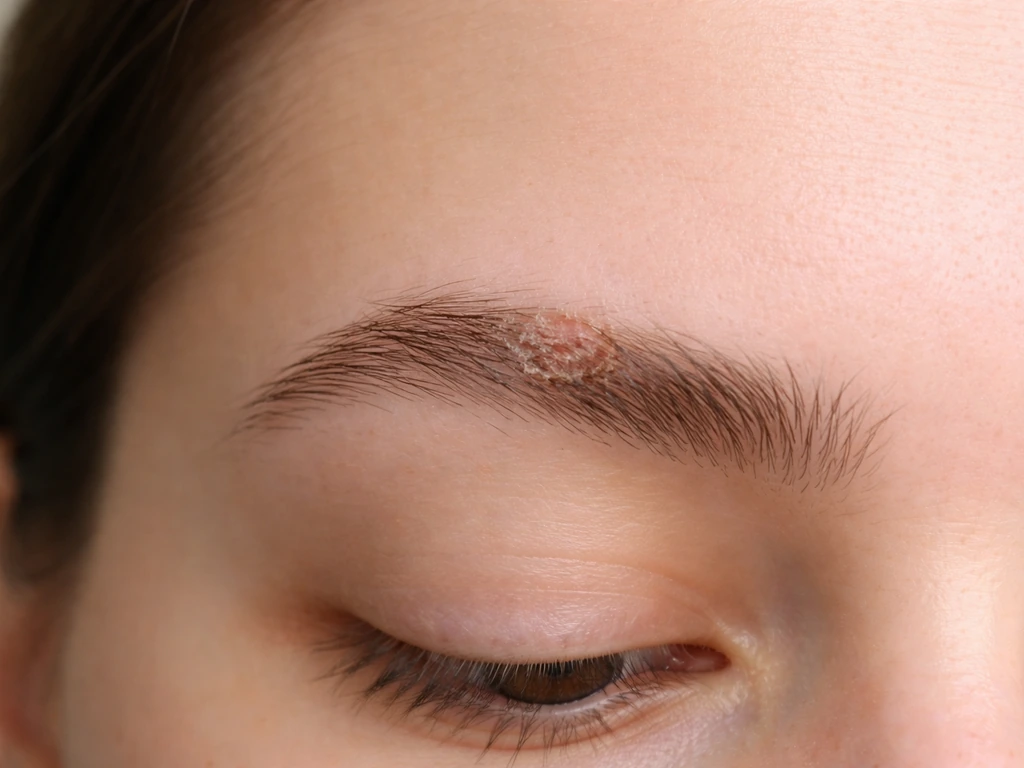 Close-up of eyebrows with uneven regrowth: one patch disturbed and scabbed, nearby areas smooth.
