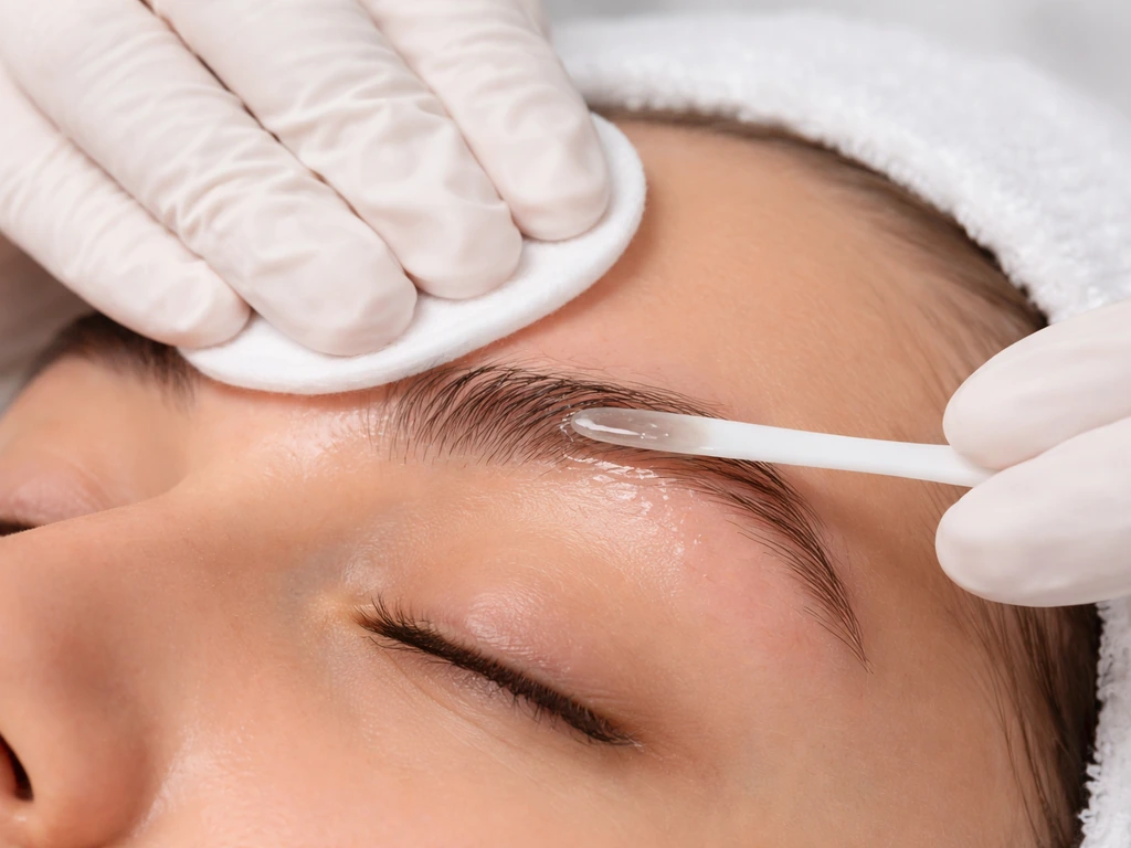 Gloved clinician gently pats cleanser and applies healing balm to a fresh eyebrow area.