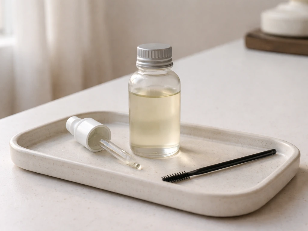 Skincare products on a vanity showing off-label brow regrowth support tools, with no branding or text.