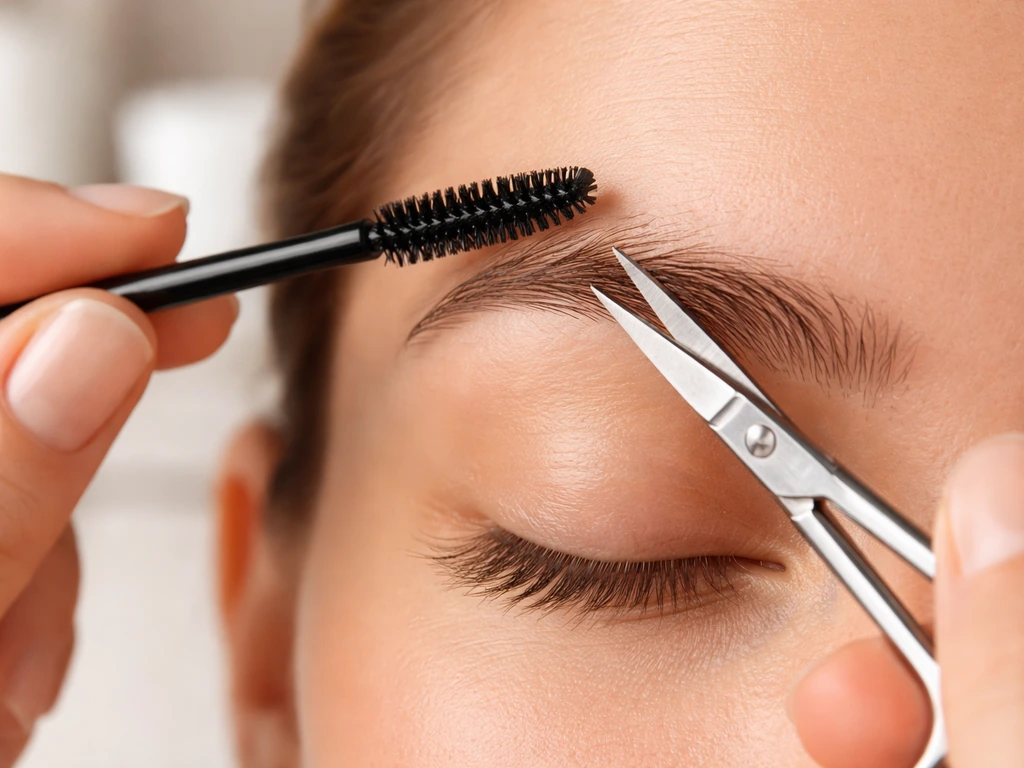 Close-up of anonymous hands using a small spoolie and tiny scissors to trim overhanging brow hairs upward.