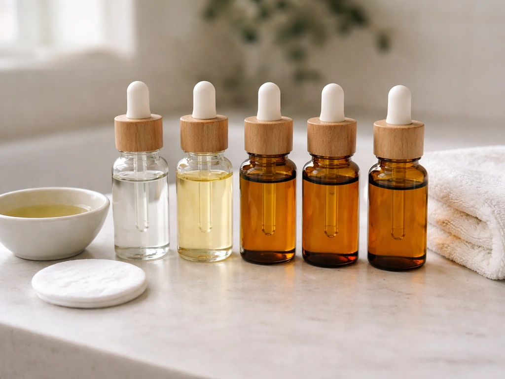 Minimal countertop lineup of small amber bottles representing hair growth ingredients, with soft natural light.