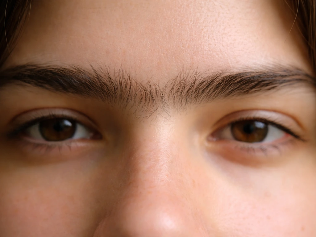 Close-up of a face with eyebrows connected over the nose bridge, showing a subtle unibrow.
