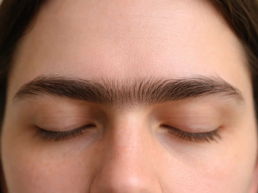Close-up of a person’s forehead showing a natural fused center-brow (synophrys) unibrow.
