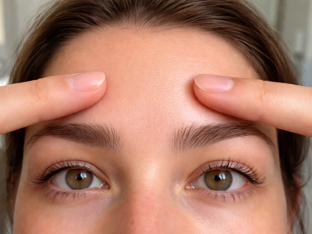 Close-up of a person gently checking for tiny vellus hairs between eyebrows with soft natural light.