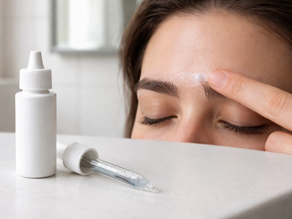 Topical minoxidil bottle with dropper applying product carefully between eyebrows in a clean mirror-lit bathroom.
