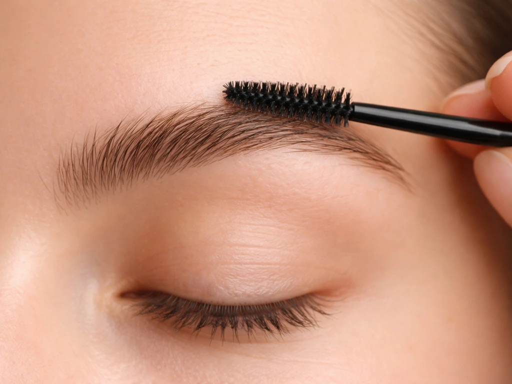 Close-up of brows being gently brushed with a spoolie brush in natural light.