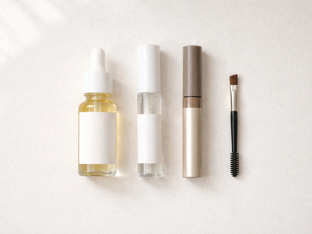 Three sparse-brow grooming items laid out neatly with a small brow brush beside them on a light countertop.