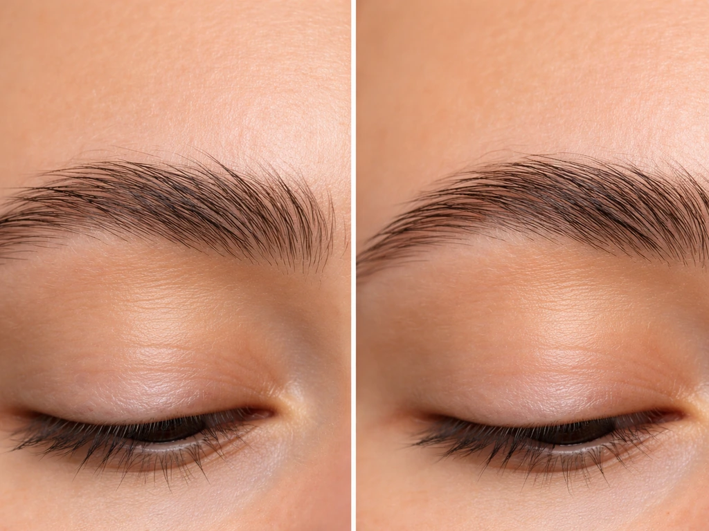 Close-up split view of two brow areas showing dry, brittle vs shinier, conditioned look after jojoba oil