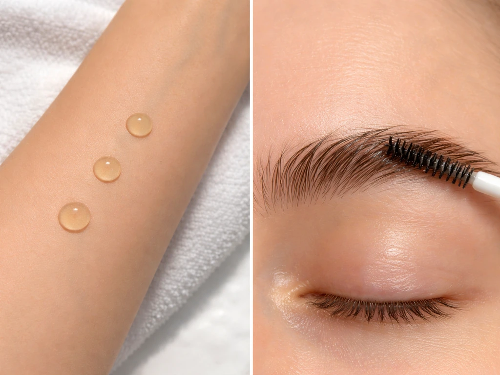 Inner forearm with small jojoba oil dabs for a patch test, and a separate brow-care applicator scene nearby.