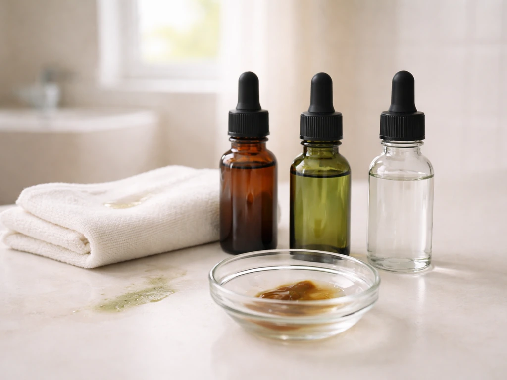Minimal photo of three unlabeled oil/serum dropper bottles on a bathroom counter with natural light.