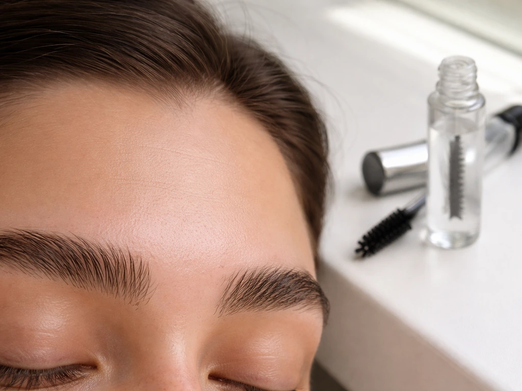 Close-up of downward-leaning eyebrows with a spoolie brush and clear brow gel on a clean vanity.