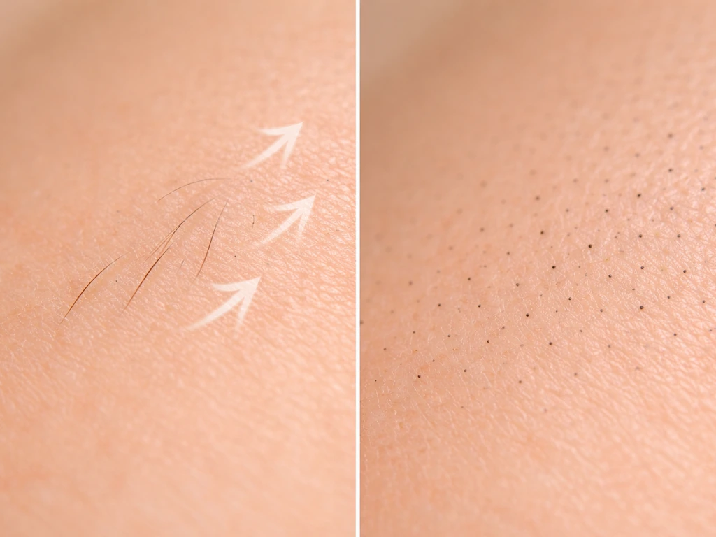 Split close-up: left shows angled regrowth after plucking, right shows even short stubble after shaving.
