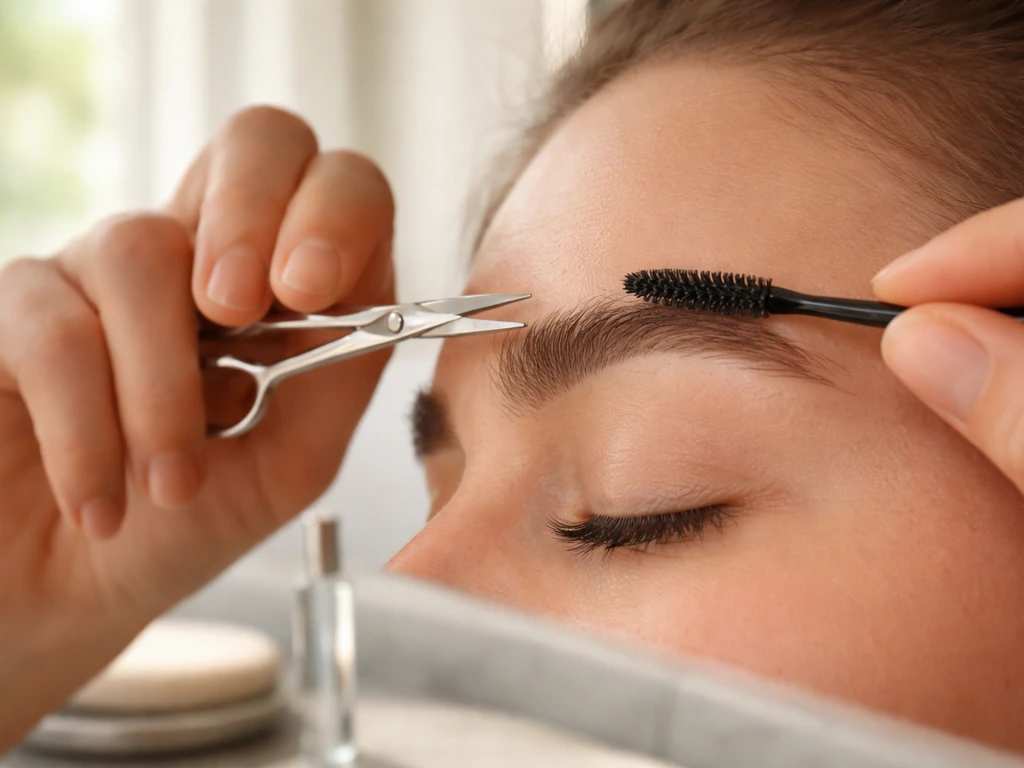 Close-up of hands trimming and brushing downward brows upward with a clear brow gel