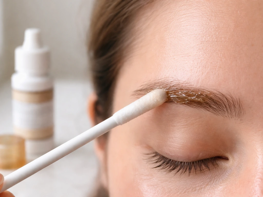 Disposable applicator applying minoxidil foam along the eyebrow area near a small treatment bottle.