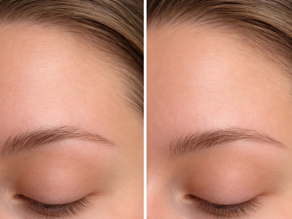Split-screen close-up: healed eyebrow scar on one side vs naturally sparse brows on the other.