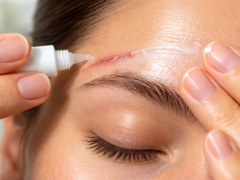 Close-up of an eyebrow healing scar with sunscreen applied and a gentle protective barrier being smoothed on.