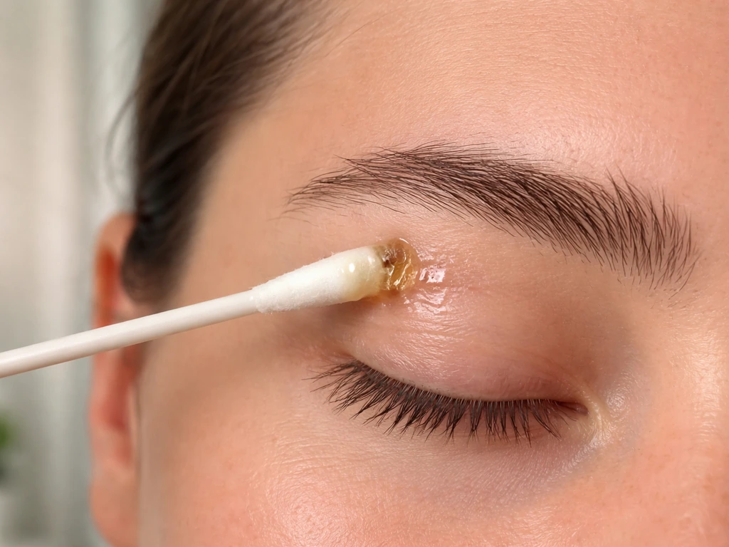Cotton swab applying castor oil to a scarred eyebrow area after cleansing, close-up in natural light.