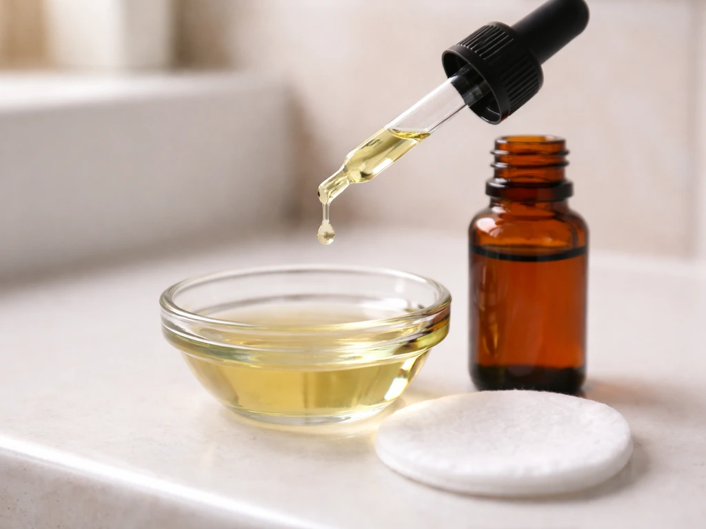 Dropper bottle pouring diluted rosemary oil into a small bowl for patch testing