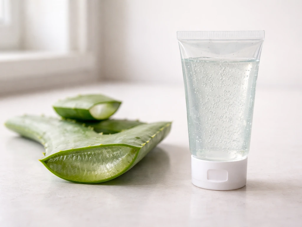 Fresh aloe leaf gel beside a clear store-bought aloe gel tube on a kitchen counter.