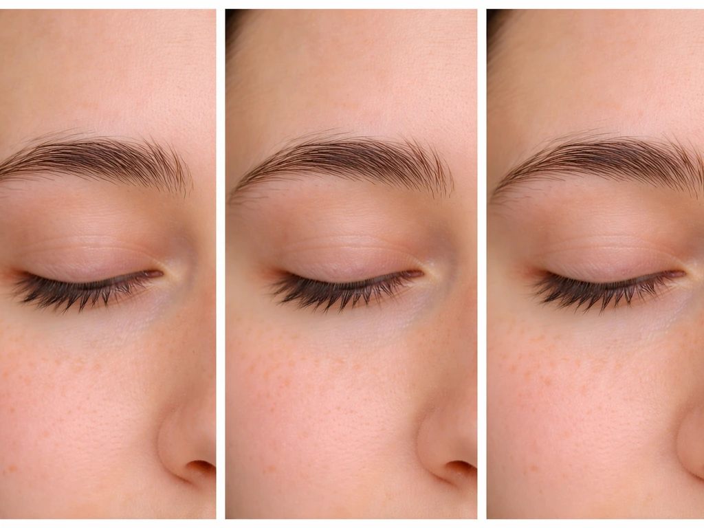 Triptych of close-up brow area showing subtle growth over time at day 0, weeks, and months.