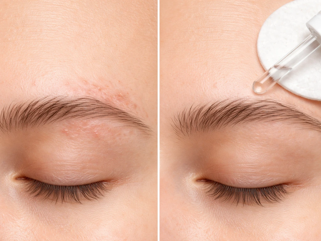 Split view of brows: irritated, scarred area on one side and a clinician-like care scene on the other.