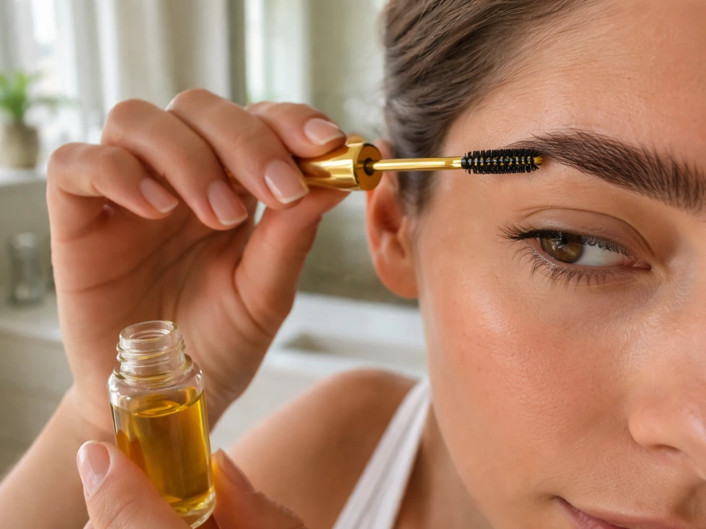 Person applying argan oil with a spoolie to their eyebrows in a bright bathroom vanity setting.