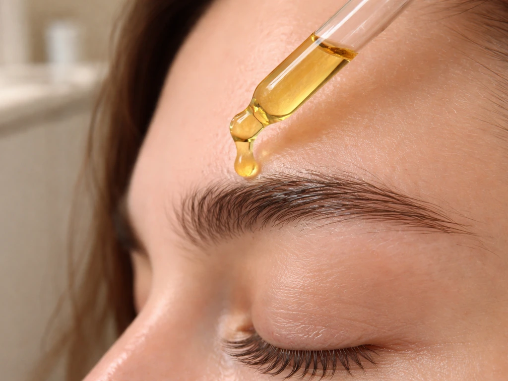 Close-up of eyebrows with argan oil applied from a small glass dropper