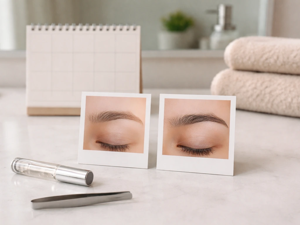 Bathroom vanity with eyebrow serum and two side-by-side eyebrow progress photos suggesting weeks of change.