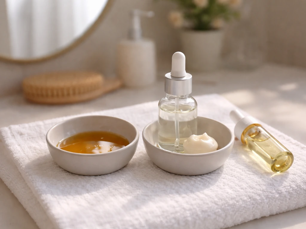 Minimal vanity photo showing argan oil drops beside other brow product ingredients in small bowls.