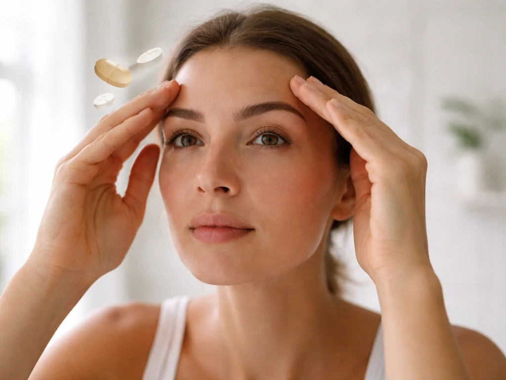 Person gently framing their eyebrows with both hands in natural light, subtle supplement-pill overlay