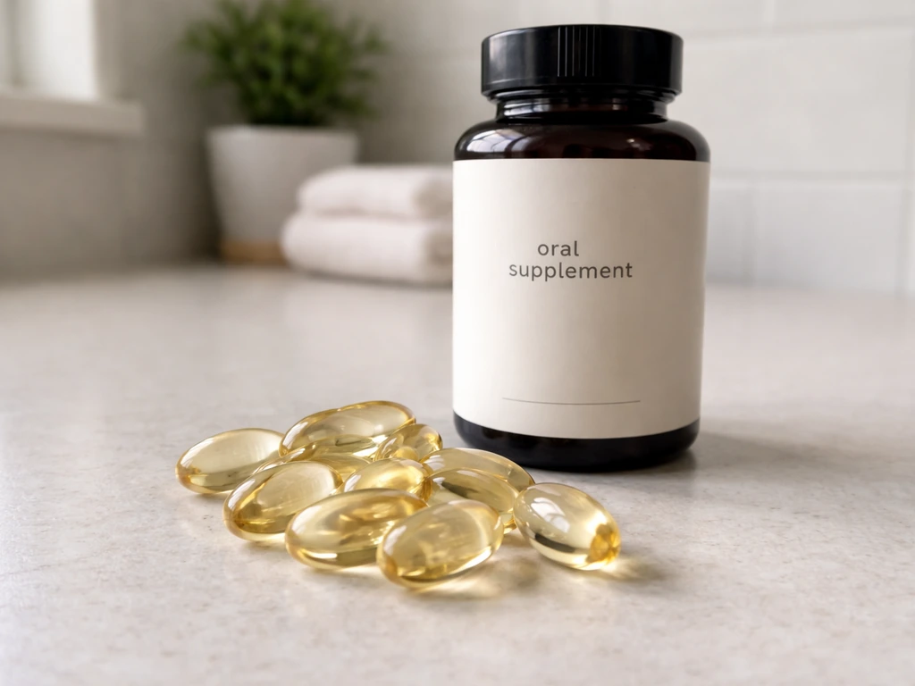 Translucent supplement capsules beside an unbranded bottle on a clean counter, indicating an oral supplement.