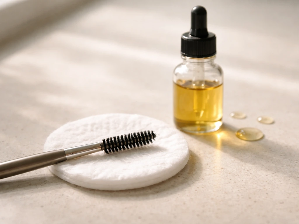 Close-up of castor and rosemary eyebrow oil being applied with a clean brush on a cotton pad