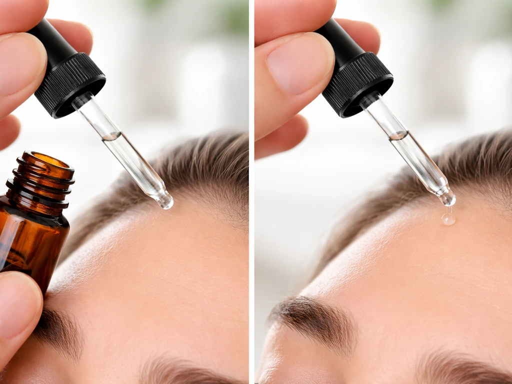 Close-up split-frame showing a minoxidil dropper poised over an eyebrow for topical application.